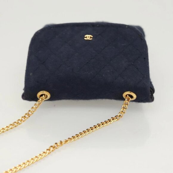 CHANEL Matelasse Chain Pouch Shoulder Bag Cotton Navy Gold CC Auth - Picture 13 of 15